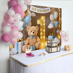 Lofaris Dreamy Blue and White Balloons Golden Number One 1st Birthday Party Backdrop with Cute Teddy Bear, Festive Celebration