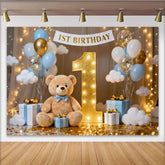 Lofaris Dreamy Blue and White Balloons Golden Number One 1st Birthday Party Backdrop with Cute Teddy Bear, Festive Celebration