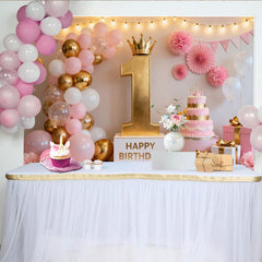 Lofaris Elegant Pink and Gold First Birthday Party Backdrop, Featuring a Crowned Number One and Balloons