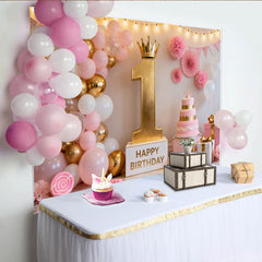 Lofaris Elegant Pink and Gold First Birthday Party Backdrop, Featuring a Crowned Number One and Balloons