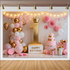 Lofaris Elegant Pink and Gold First Birthday Party Backdrop, Featuring a Crowned Number One and Balloons
