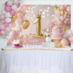 Lofaris Pink and Gold Princess First Birthday Party Backdrop with Crown Number 1 and Cake, Happy Birthday Decor
