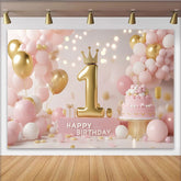 Lofaris Pink and Gold Princess First Birthday Party Backdrop with Crown Number 1 and Cake, Happy Birthday Decor