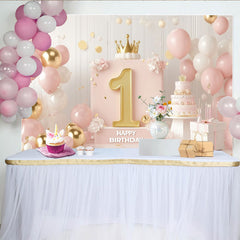 Lofaris Pink and Gold Happy First Birthday Party Backdrop with Golden Number One, Crown and Elegant Balloons Decor for Girls