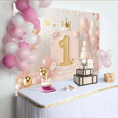 Lofaris Pink and Gold Happy First Birthday Party Backdrop with Golden Number One, Crown and Elegant Balloons Decor for Girls