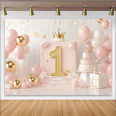Lofaris Pink and Gold Happy First Birthday Party Backdrop with Golden Number One, Crown and Elegant Balloons Decor for Girls
