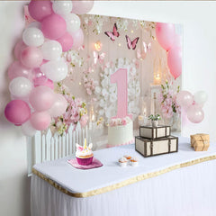 Lofaris Pink and White First Birthday Party Backdrop with Butterflies and Flowers, Elegant Baby Girl Celebration Decor