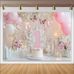 Lofaris Pink and White First Birthday Party Backdrop with Butterflies and Flowers, Elegant Baby Girl Celebration Decor