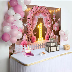 Lofaris Pink Floral Arch and Butterfly First Birthday Party Backdrop, Baby Girl 1st Birthday Celebration Decor