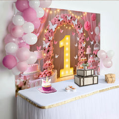 Lofaris Pink Floral Arch and Butterfly 1st Birthday Party Backdrop, Baby Girl Celebration, Dessert Table Decor