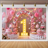 Lofaris Pink Floral Arch and Butterfly 1st Birthday Party Backdrop, Baby Girl Celebration, Dessert Table Decor