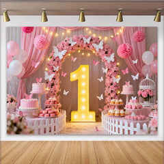 Lofaris Pink Floral Arch and Butterfly 1st Birthday Party Backdrop, Baby Girl Celebration, Dessert Table Decor