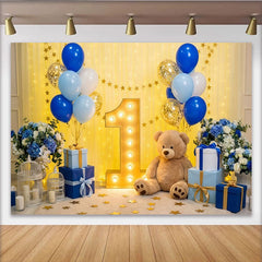 Lofaris Elegant Blue and Gold Balloons First Birthday Party Backdrop, Marquee Number One and Teddy Bear Decor