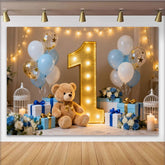 Lofaris Cute Teddy Bear and Gold Number One First Birthday Party Backdrop, Blue and White Balloons Photo Booth Decor