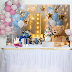 Lofaris Blue White and Gold Balloons First Birthday Party Backdrop, featuring a Teddy Bear and Stars