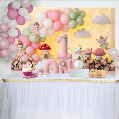 Lofaris Pink and Mint Green Fairy Garden First Birthday Party Backdrop, Whimsical Mushroom Houses and Balloons