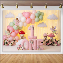 Lofaris Pink and Mint Green Fairy Garden First Birthday Party Backdrop, Whimsical Mushroom Houses and Balloons