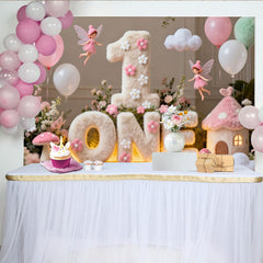 Lofaris Pink and White Fluffy ONE First Birthday Party Backdrop, Enchanted Fairy Garden Theme with Balloons and Mushrooms
