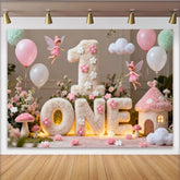 Lofaris Pink and White Fluffy ONE First Birthday Party Backdrop, Enchanted Fairy Garden Theme with Balloons and Mushrooms