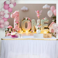 Lofaris Enchanted Fairy Garden First Birthday Party Backdrop, Fluffy Pastel ONE Letters with Flowers and Balloons