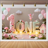 Lofaris Enchanted Fairy Garden First Birthday Party Backdrop, Fluffy Pastel ONE Letters with Flowers and Balloons