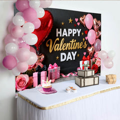 Lofaris Black Gold Happy Valentine's Day Party Backdrop with Red Pink Hearts, Roses and Gifts for Romantic Celebration