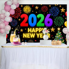 Lofaris Vibrant 2026 Happy New Year Party Backdrop with Champagne, Golden Stars and Festive Balloons Decor