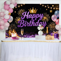 Lofaris Glittery Purple Happy Birthday Party Backdrop with Crown and Fireworks, Elegant Celebration Decor