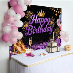 Lofaris Glittery Purple Happy Birthday Party Backdrop with Crown and Fireworks, Elegant Celebration Decor
