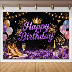 Lofaris Glittery Purple Happy Birthday Party Backdrop with Crown and Fireworks, Elegant Celebration Decor