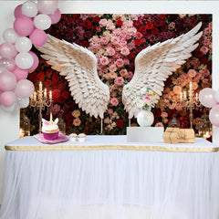 Lofaris Elegant White Angel Wings and Red Pink Roses Floral Party Backdrop, Romantic Wedding Engagement Celebration Decor