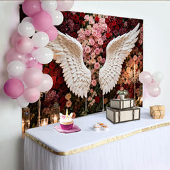 Lofaris Elegant White Angel Wings and Red Pink Roses Floral Party Backdrop, Romantic Wedding Engagement Celebration Decor