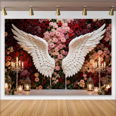 Lofaris Elegant White Angel Wings and Red Pink Roses Floral Party Backdrop, Romantic Wedding Engagement Celebration Decor