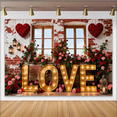 Lofaris Romantic Red and Pink Roses with Illuminated LOVE Letters Party Backdrop, Vintage Brick Wall Valentine's Day Decor