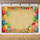 Lofaris Vibrant Balloons and Bunting Flags Party Backdrop, Vintage Brown Confetti for Birthday Celebration