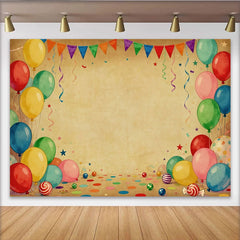 Lofaris Vibrant Balloons and Bunting Flags Party Backdrop, Vintage Brown Confetti for Birthday Celebration