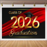 Lofaris Elegant Gold Class of 2026 Graduation Party Backdrop with Cap, Red and Black Celebration Decor for Graduates