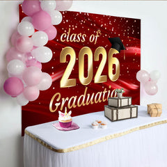 Lofaris Elegant Red and Gold Class of 2026 Graduation Party Backdrop, Featuring a Cap and Sparkling Confetti
