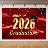 Lofaris Elegant Red and Gold Class of 2026 Graduation Party Backdrop, Featuring a Cap and Sparkling Confetti