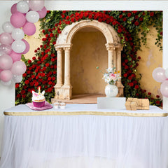 Lofaris Elegant Red Roses and Green Ivy Stone Archway Party Backdrop, Romantic Wedding Engagement Photo Booth Decor