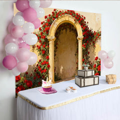 Lofaris Vintage Red Rose Archway Party Backdrop with Stone Columns, Elegant Floral Garden Photography Background for Weddings