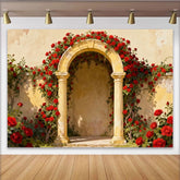 Lofaris Vintage Red Rose Archway Party Backdrop with Stone Columns, Elegant Floral Garden Photography Background for Weddings
