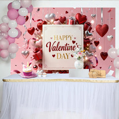 Lofaris Pink Happy Valentine's Day Party Backdrop, Featuring Red and Silver Hearts with Gift Boxes and Ribbons