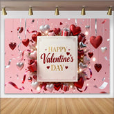 Lofaris Pink Happy Valentine's Day Party Backdrop, Featuring Red and Silver Hearts with Gift Boxes and Ribbons