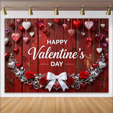 Lofaris Happy Valentine's Day Red Wood Party Backdrop, Romantic Hanging Hearts, Roses and Elegant Silver Garland Decor