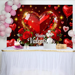Lofaris Red Sparkling Heart Gem and Roses Happy Valentine's Day Party Backdrop, Romantic Love Celebration Decor