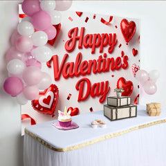 Lofaris Red 3D Happy Valentine's Day Party Backdrop with Hearts, Balloons, and Confetti for Romantic Celebration