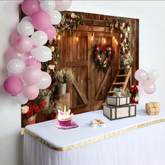 Lofaris Red and White Roses Heart Wreath Rustic Wooden Barn Door Party Backdrop, Valentine's Day Wedding Anniversary Decor