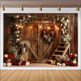 Lofaris Red and White Roses Heart Wreath Rustic Wooden Barn Door Party Backdrop, Valentine's Day Wedding Anniversary Decor