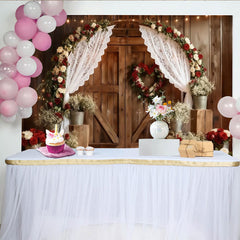 Lofaris Rustic Wooden Barn Door Party Backdrop, Red and White Roses Floral Arch with Lace Curtains, Wedding Anniversary Decor
